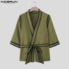INCERUN 2PCS Men Lapel Neck 3/4 Sleeve Stitching Belt Shirt Long Wide Leg Pants Sets Outfits