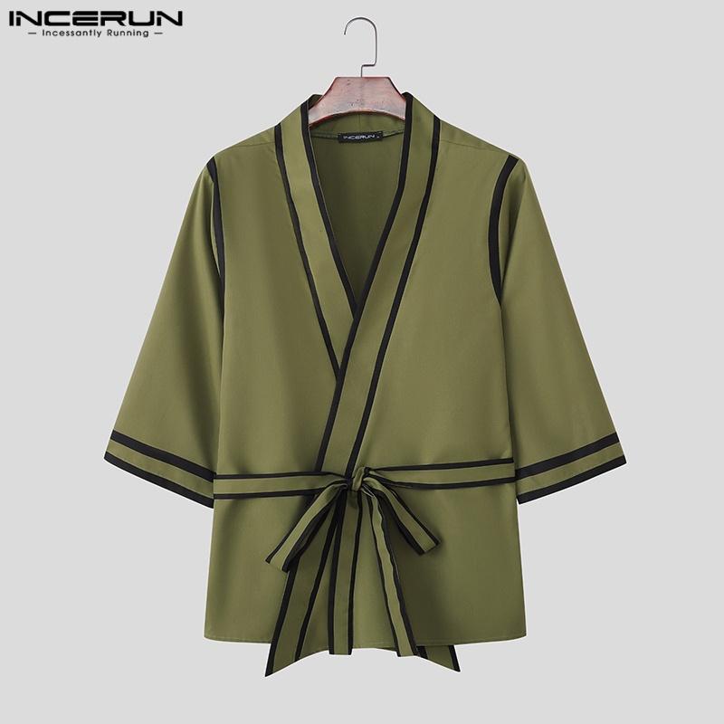 INCERUN 2PCS Men Lapel Neck 3/4 Sleeve Stitching Belt Shirt Long Wide Leg Pants Sets Outfits