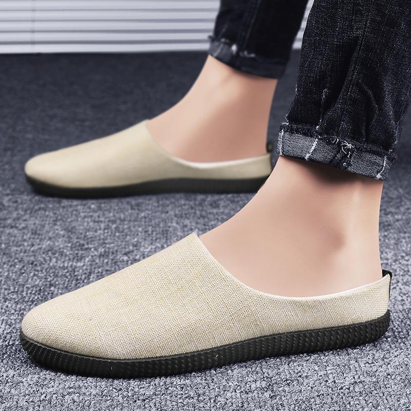 

Canvas shoes men s summer flat-bottomed one-pedal bag head straw-woven casual board shoes breathable old Beijing sports half-mop cloth shoes 44 бежевий