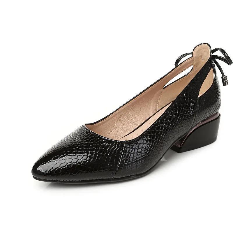 

35-43 Осень Новые Женские Туфли из Натуральной Кожи Остроносые С мелким вырезом Толстый Каблук Тисненая Мягкая Кожа Женские Офисные Туфли-Лодочки 37