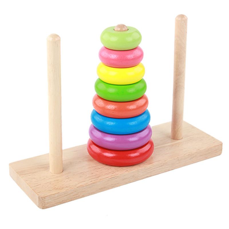 Wooden Toy Tower Of Hanoi Puzzle With Rainbow Rings For Kids Educational Play