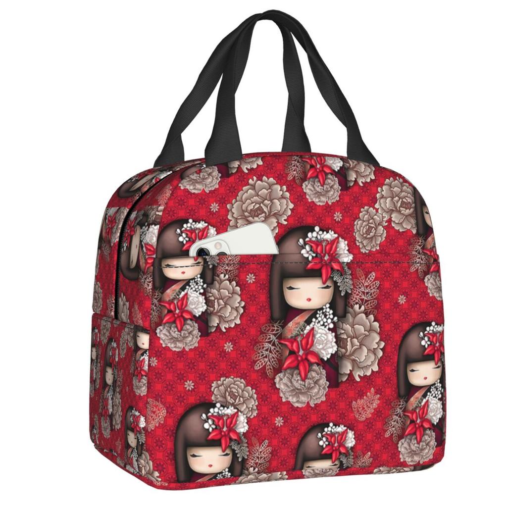 Custom Japanese Girl Sakura Kokeshi Doll Lunch Bag Men Women Warm Cooler Insulated Lunch Box for Kids School Children