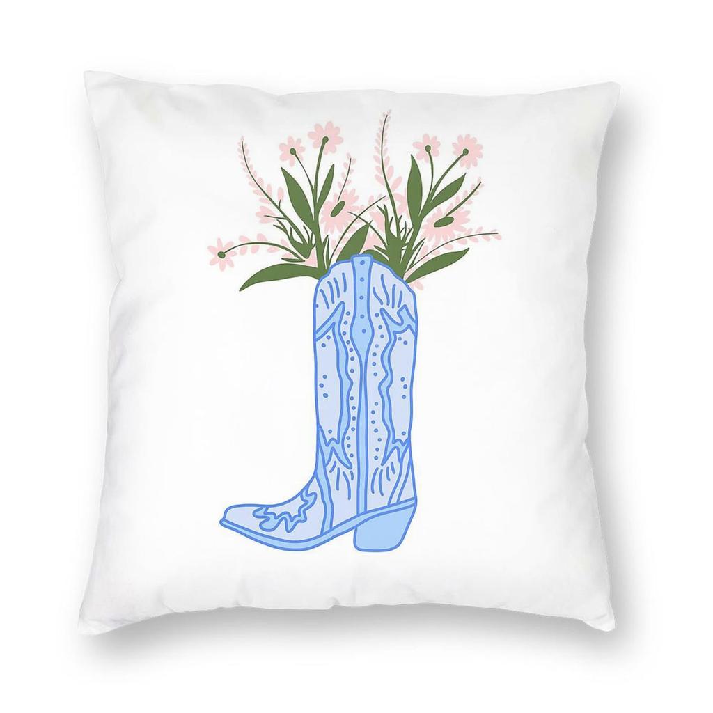 Blue Cowboy Boot Flowers Square Pillowcase Polyester Linen Velvet Printed Decorative Throw Pillow Case Sofa Seater Cover 45X45