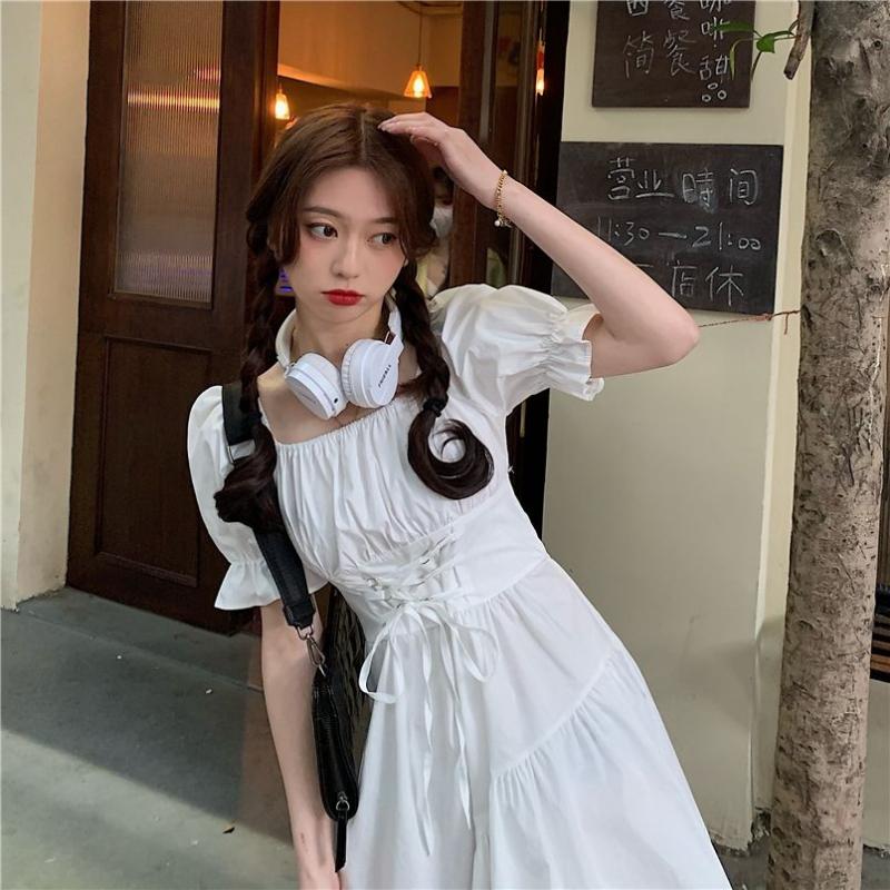 Irregular Hem Solid Color Dresses Female Summer Design Sense Bubble Sleeve Dress