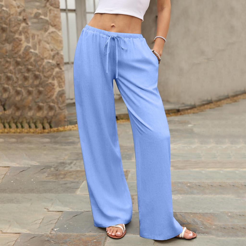 Women's Summer Casual Wide Leg Pants Elastic Waistband with Drawstring Pockets Lightweight Loose Fit Lounge Trousers for Everyday Wear