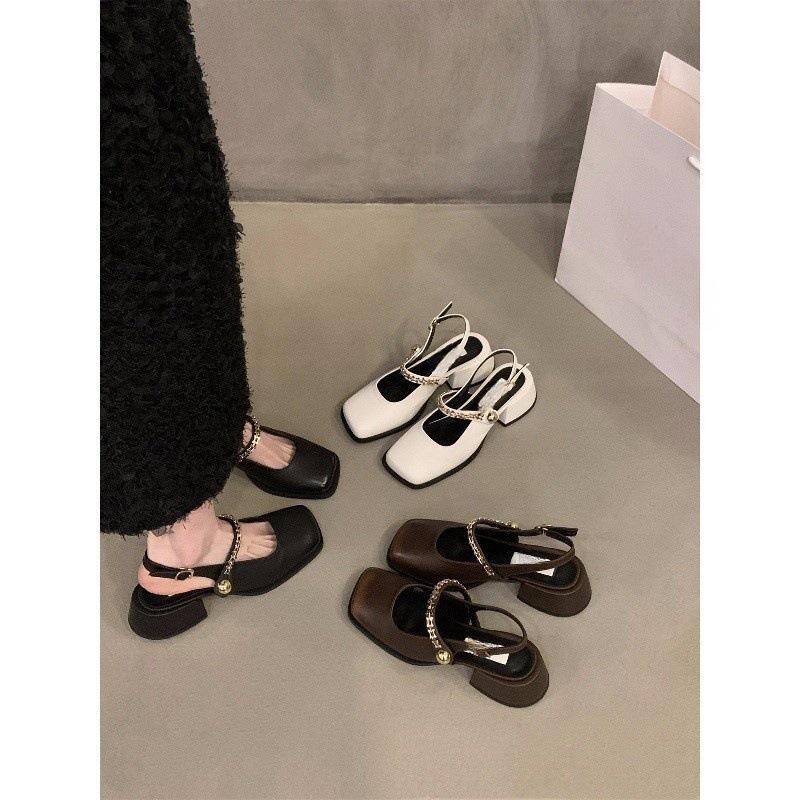 Black high heels bag head sandals women's shoes spring thick heel Mary Jane single shoes