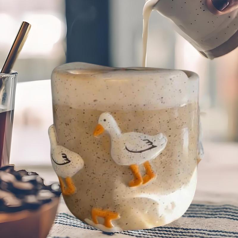 Ručně vyráběný roztomilý keramický hrnek s kachničkou, Keramický hrnek na kávu s kachničkou a lžičkou, Unikátní 3D ručně vyráběné cestovní hrnky