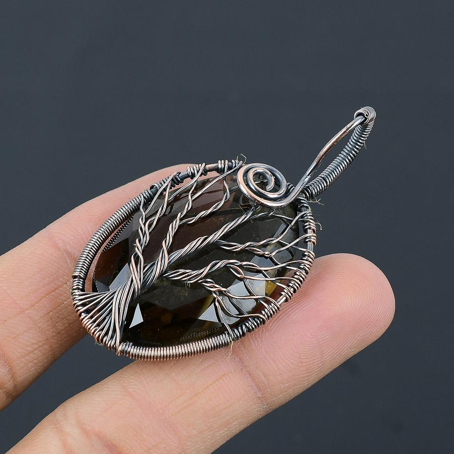 Natural Tree Of Life Smoky Topaz Gemstone Copper Wire Wrap Pendant 2.36" I3h21