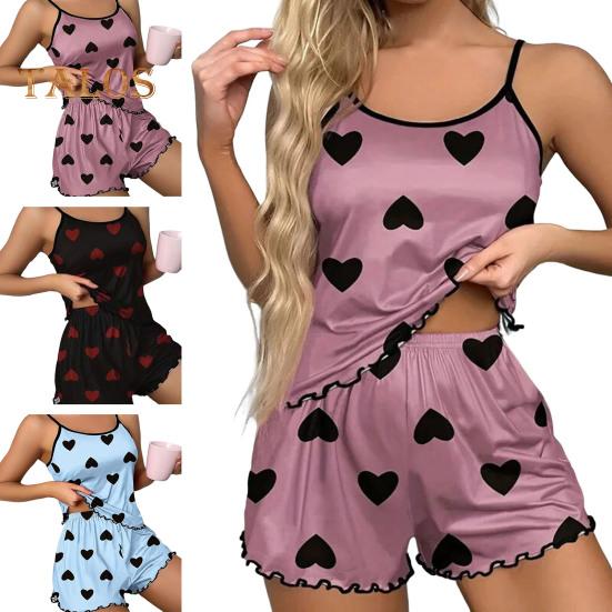 Women's Cami Pajama Set Sleeveless Heart Print Tank Top And Ruffle Shorts Sleepwear Set Summer Two Piece Loungewear Suit