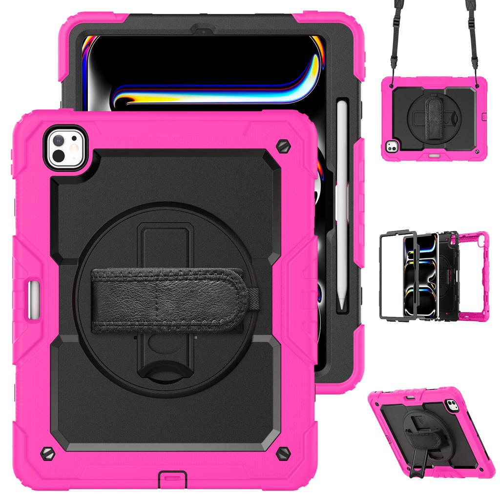 For iPad Pro 13 (2024) Kickstand Case PC+Silicone Tablet Cover with Screen Film/Shoulder Strap