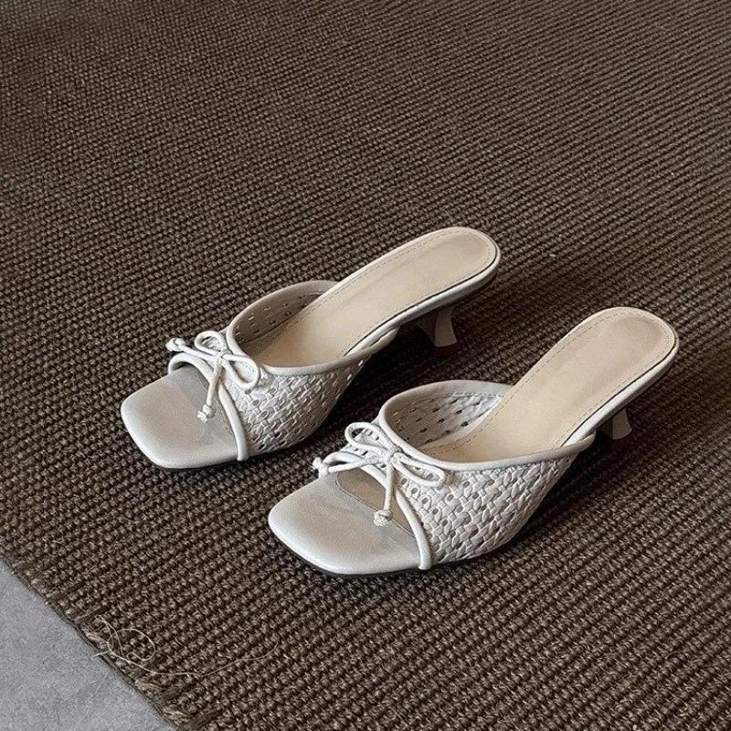 2025 New Summer Women Square Toe High Heel Slippers Fashion Butterfly-knot Dress Slide Ladies Evening Party Sandalias