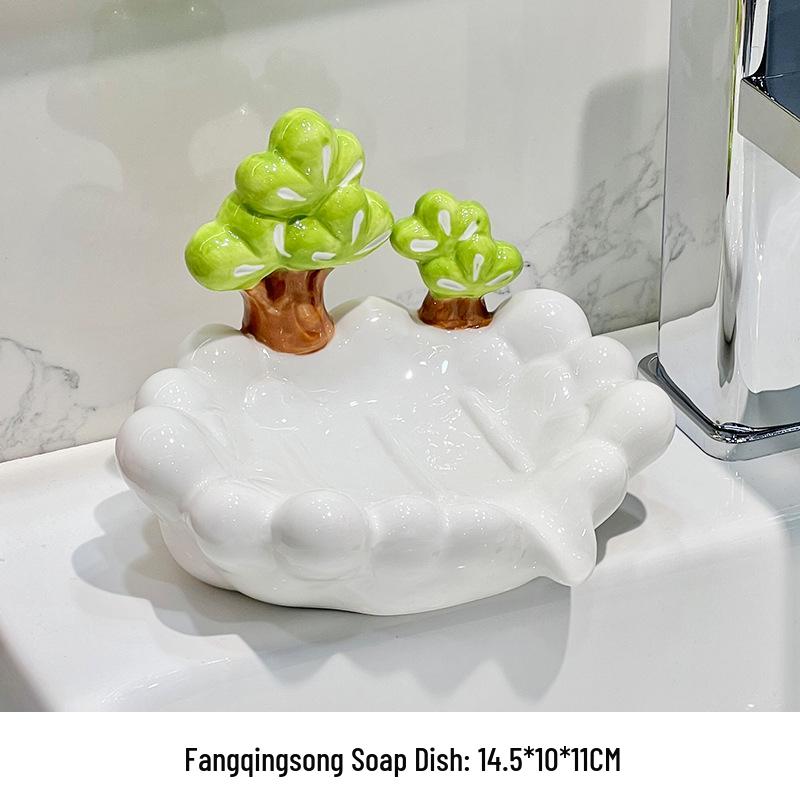 Green Pine Ceramic Soap Dish - Water-Draining Bathroom Holder