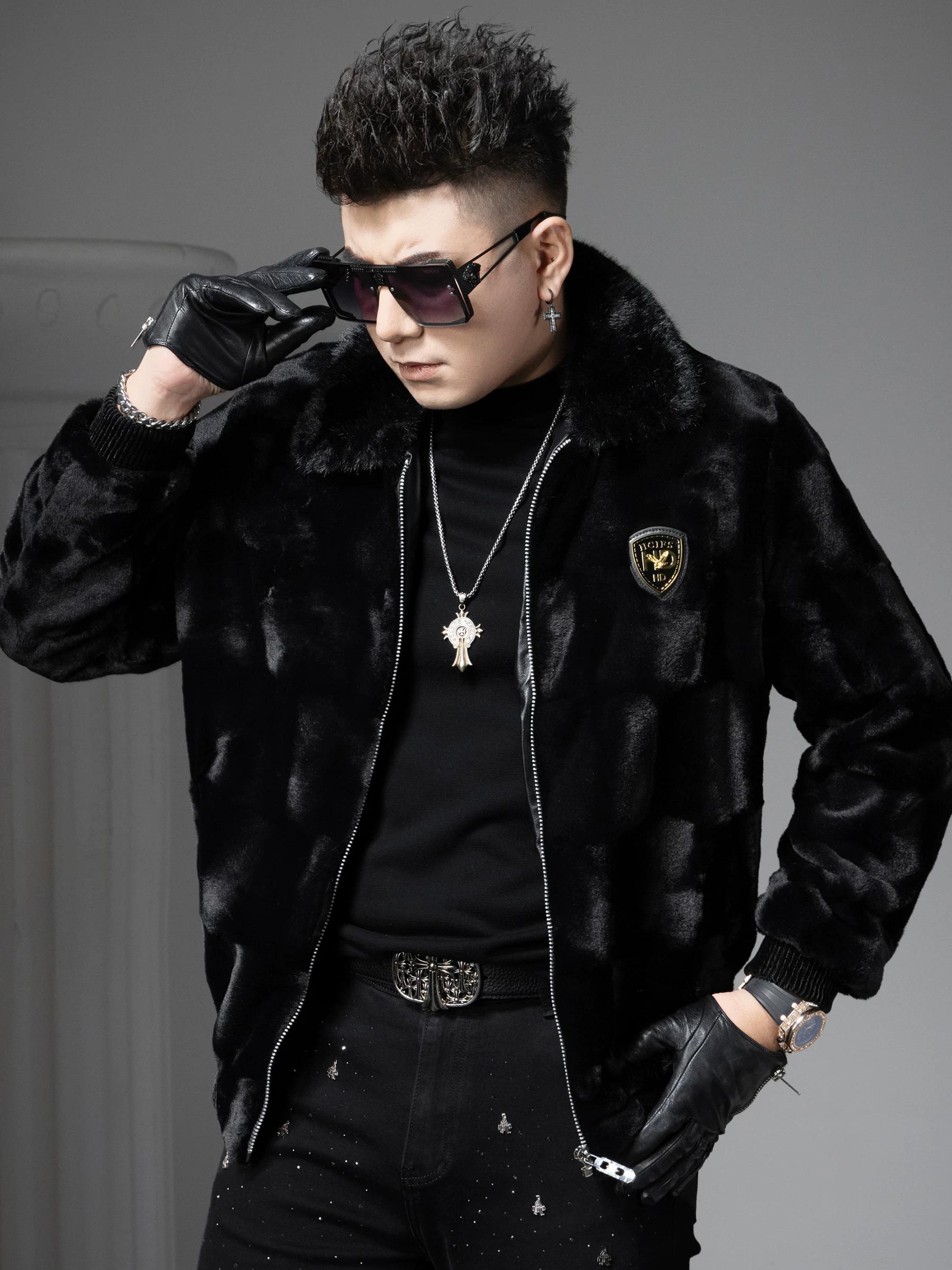 

European Trendy Brand Badge Warm Lapel Jacket for Men 2025 Winter New Fashion Gold Mink Faux Fur Coat 4XL чёрный