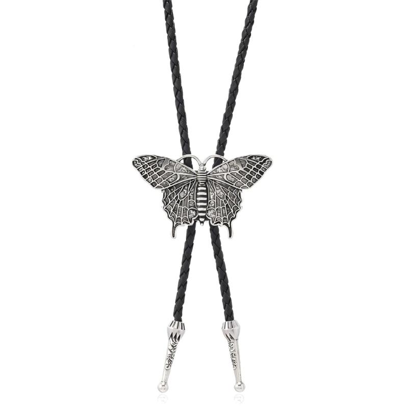 Bolo Tie Cowboy Costume Accessory for Men and Women Adjustable Length Vintage Metal Butterfly Pendant Necktie Necklace