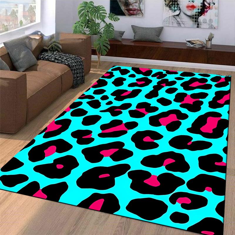 Leopard Print Area Rug with Turquoise, Black, and Pink Bold Pattern Design Suitable for Use As an Anti-slip for Room and Bedroom Sofas