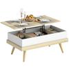 Lift-Top Coffee Table with 3 Hidden Storage Compartments and Wooden Legs 100x79x54 Cm Natural and White