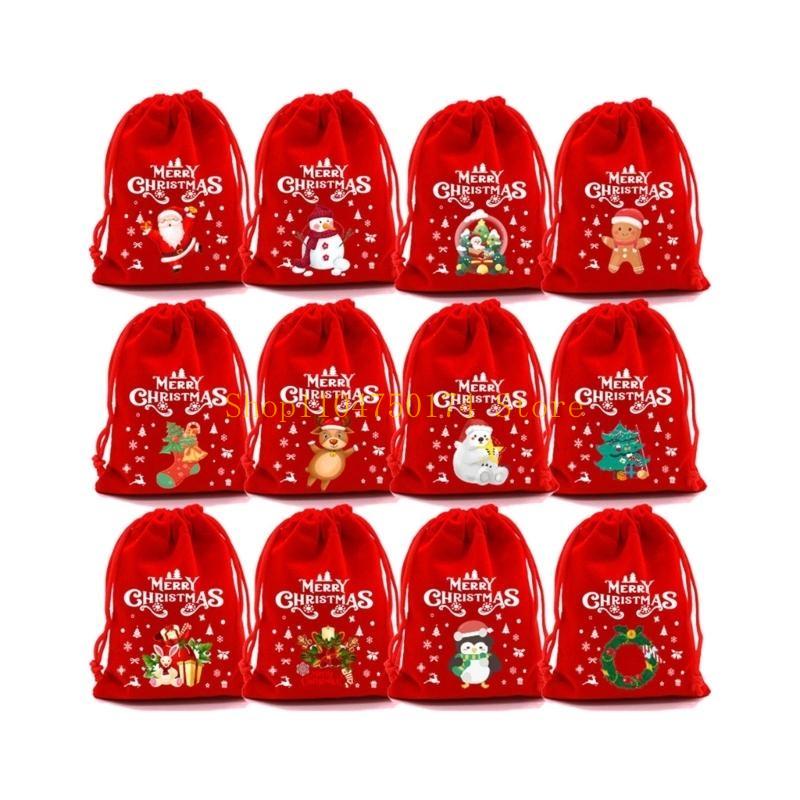 12pcs Christmas Plush Gift Bags For Holiday Decorations And Surprises Drawstring Designs Pouches For Secure Closure top sale