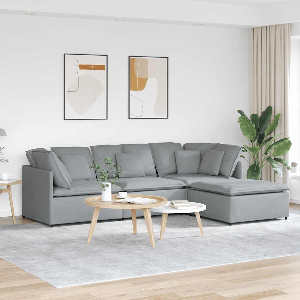 Modular Sofa with Footstool and Cushions Fabric Light Grey