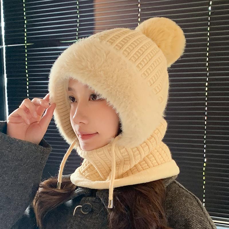 Winter Plush Knitted Hat Women's Mask Scarf Integrated Outdoor Cycling Plush Warm Ear Protection Hat Cold-proof Ski Hat