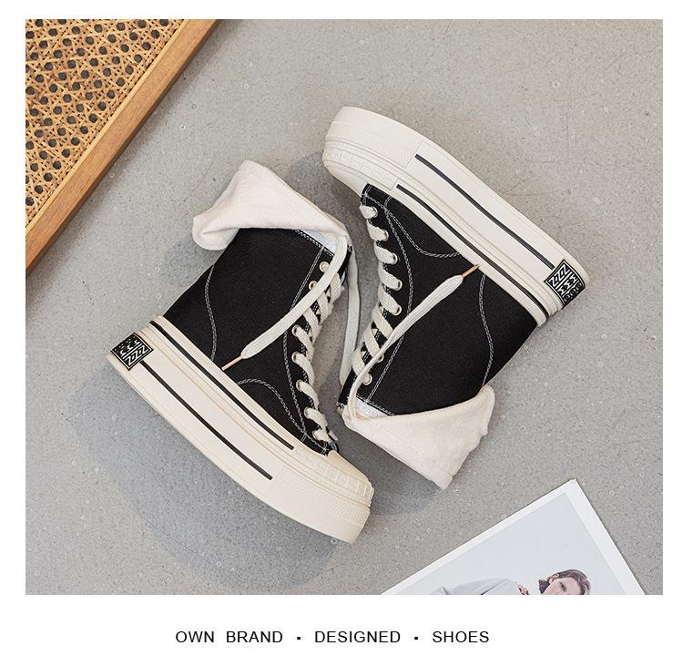 12CM Thick Sole High Heel Canvas Shoes: 2025 Autumn/Winter Hooded Lace-Up Women's Trend