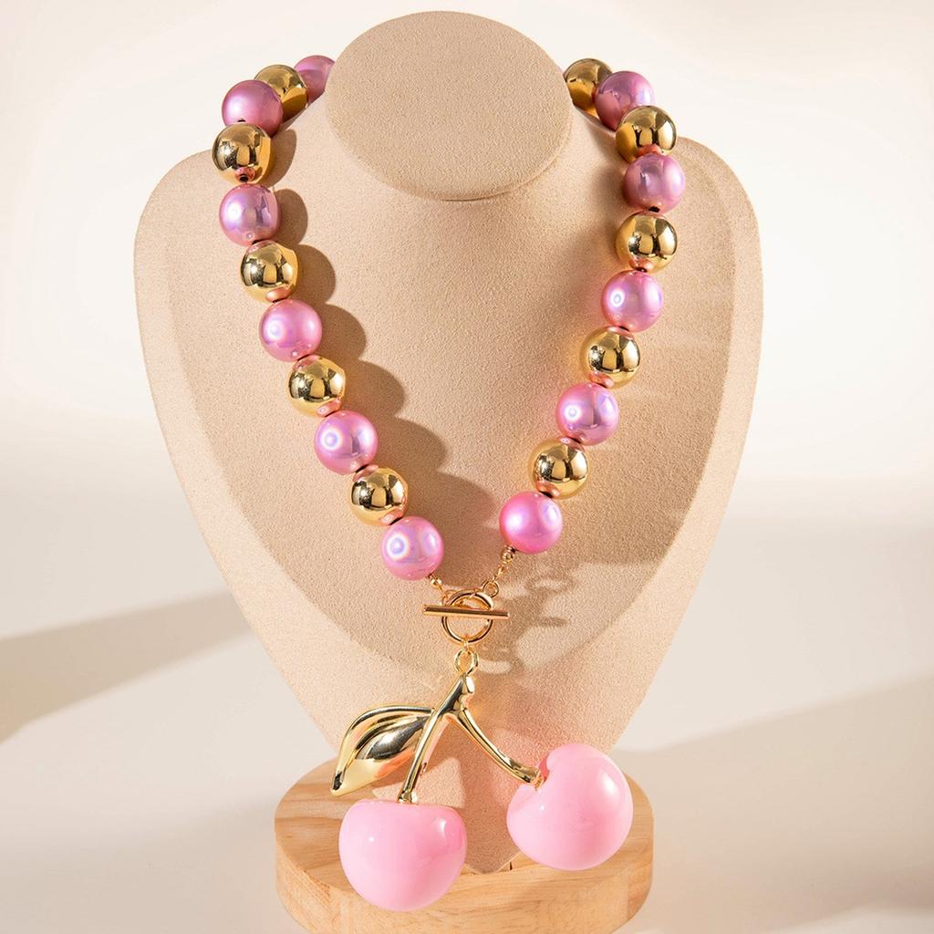 Pink Cherry Pendant Necklace for Women Sweet and Vibrant Style Clavicle Chain Exaggerated Fruit Charm Neckchain Jewelry