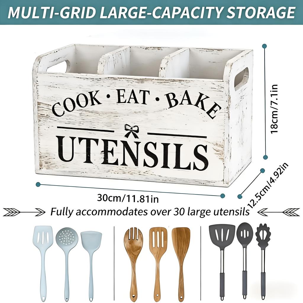 Wooden Utensil Organizer - 3-Compartment Countertop & Wall-Mounted Storage BoxHeavy-Duty Kitchen Rack with Multi-Functional Design