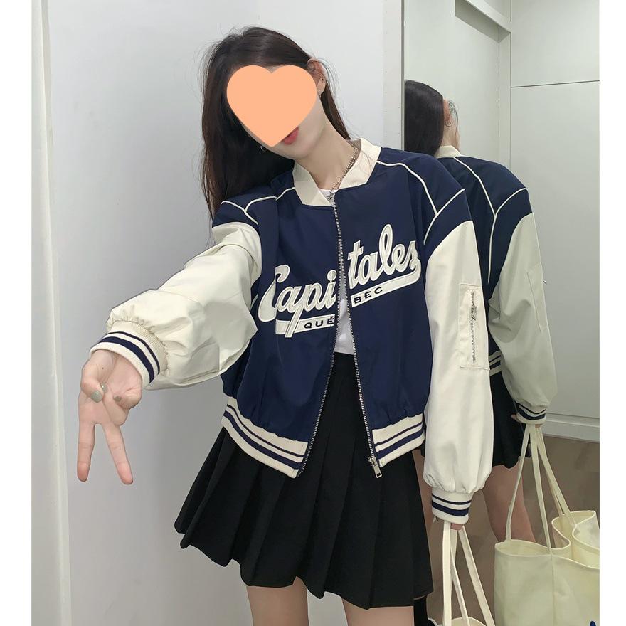 2025 Women s Retro Light Blue Patchwork Baseball Jacket: Niche Spring/Autumn Design XL