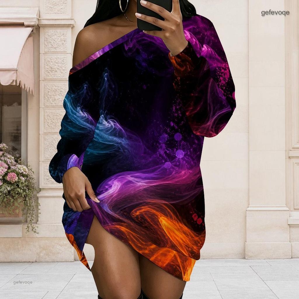 Women Plus Size One Shoulder Long Sleeve Galaxy Print Loose Tunic Dress