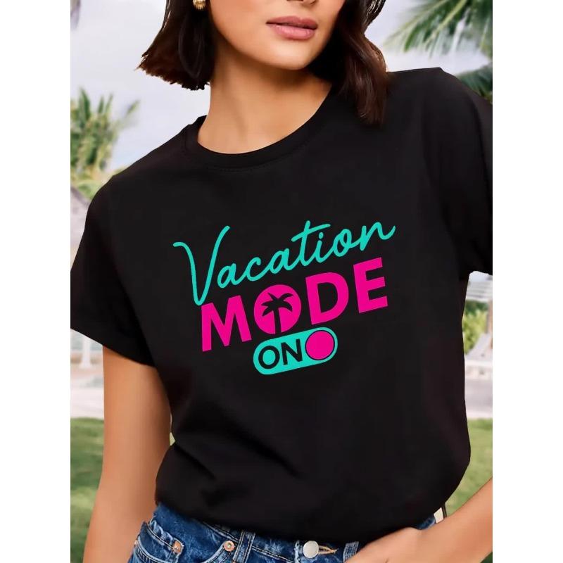 European Size Mode Coconut Tree On Switch Fluorescent Green Rose Red English Letter Printed Pattern VintageSummer Round Neck Short