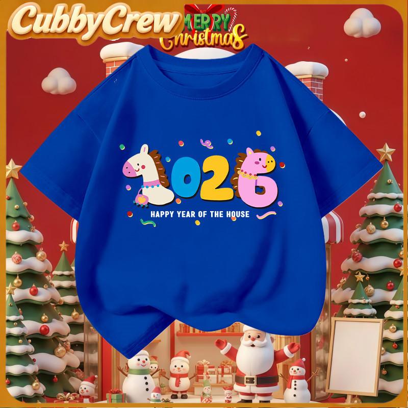 Cute New Year cartoon printed men s and women s round neck tops 140