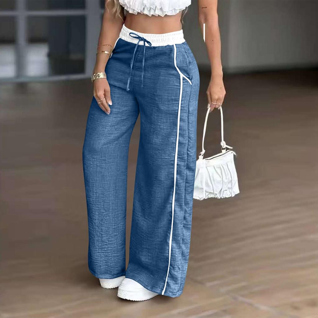 Women's Fashion Color Blocked High Waist Straight Leg Wide Leg Pants Pocket Casual Pants