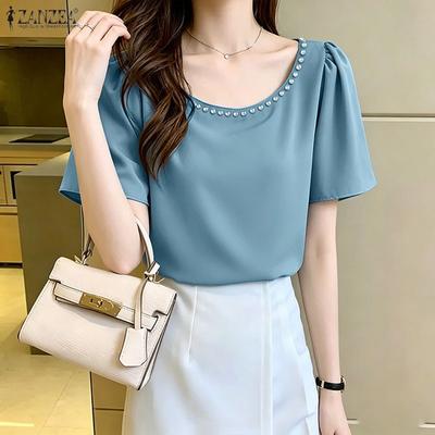 Women Elegant Plearl Splice Round Neck Casual Short Sleeve Blouse