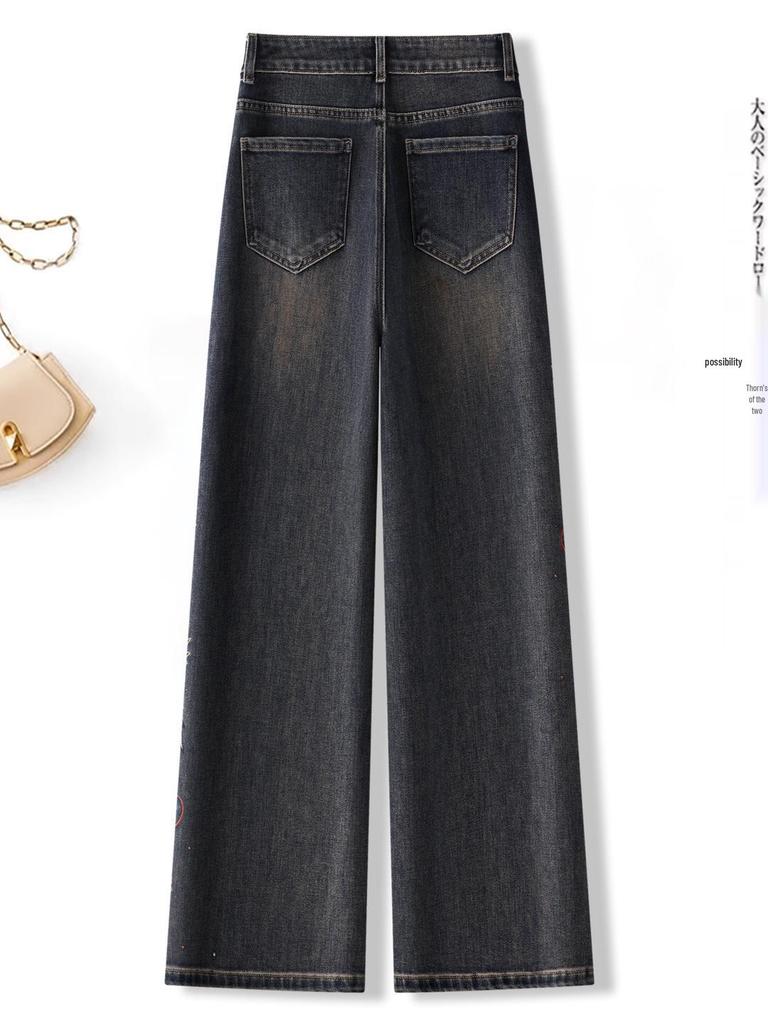 Women's Retro Embroidered Floral Wide-Leg Jeans, Autumn/Winter 2025 Collection