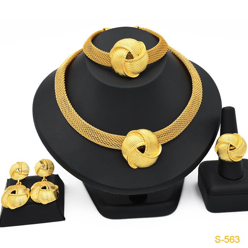 2026 Summer Dubai 24k Gold Bridal Jewelry Set Necklace Earrings Bracelet Ring Middle East Africa