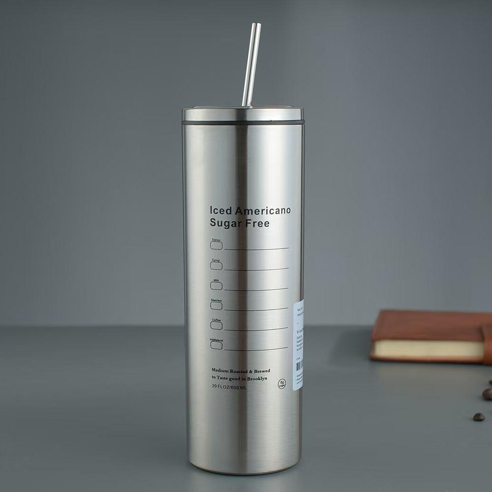 

Creative Portable Coffee Cup Stainless Steel Cold Insulation Coffee Mug 600ml Double Wall Straw Water Cup Home Office Use
