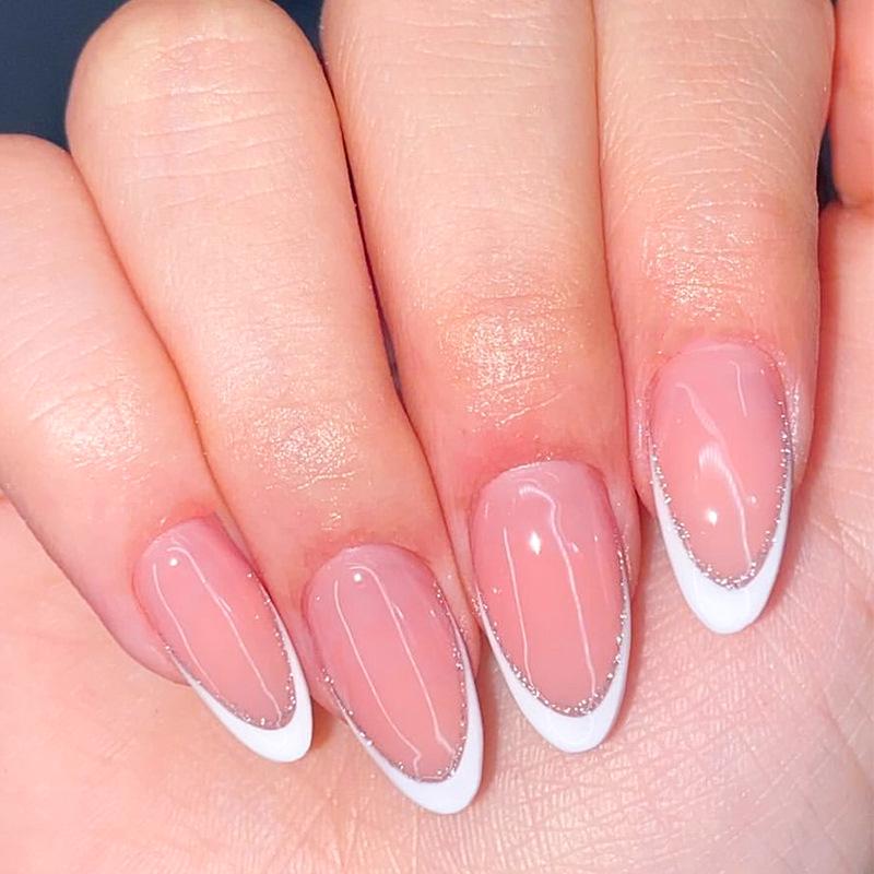 

2024 Handmade White French Tip Almond Glitter Wearable False Nails