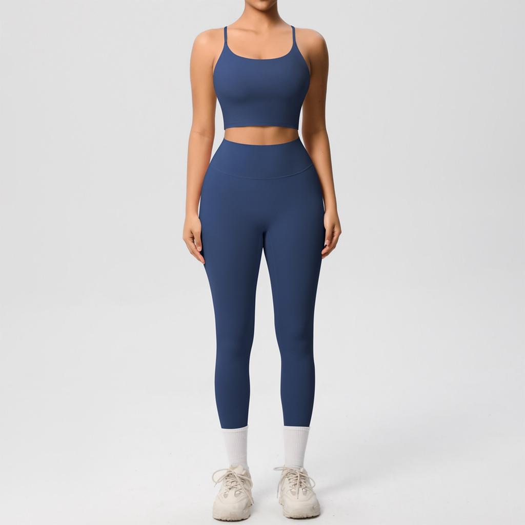 Women's Fashion Solid Color Back Top Tight Breathable Yoga Suit Set Sports Running Fitness Pants Two Piece Set