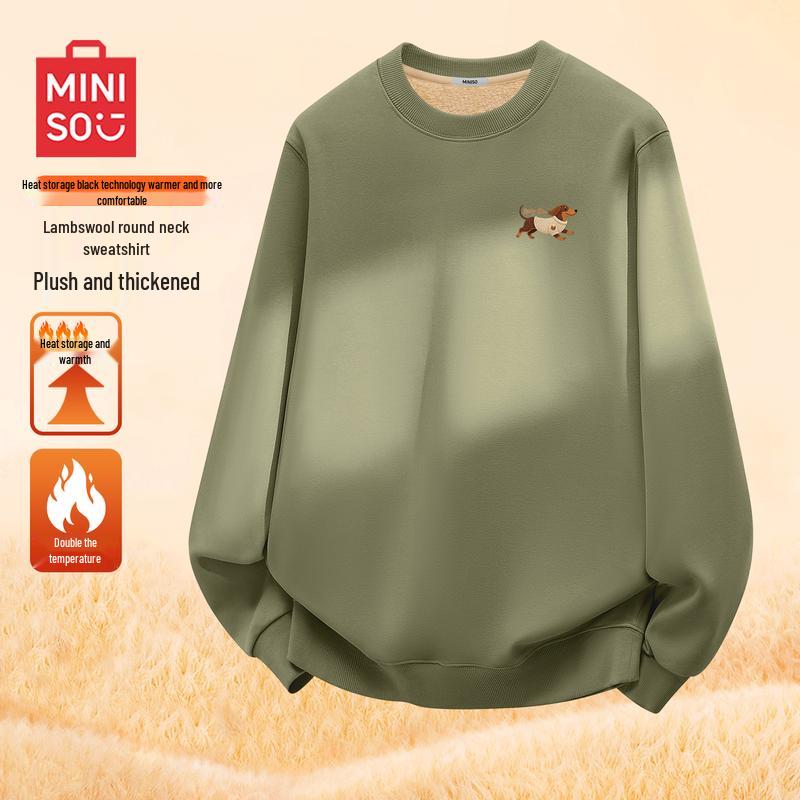 MINISO Men's Fleece-Lined Crew Neck Sweatshirt with Dachshund Logo