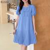 Vestido Casual Feminino de Gola Redonda, Cor Sólida, Solto, Manga Curta