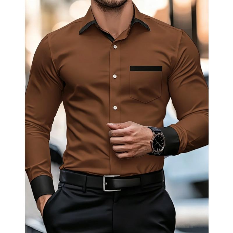 Men's Wrinkle Free Long Sleeve Shirt, Stretch Slim Fit Contrast Collar Luxury Commute Business Casual Shirt for Young Men