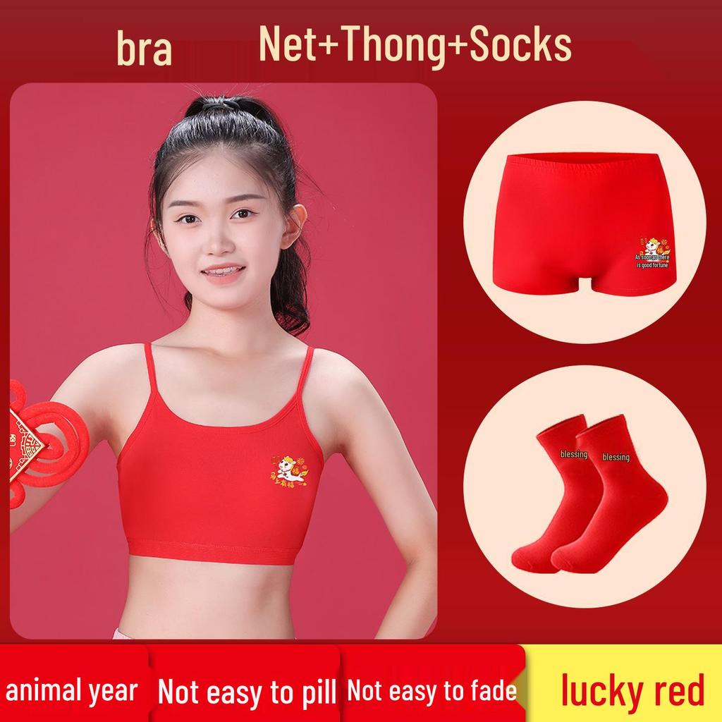 Girls' Red Zodiac Underwear and Bra: Pure Cotton, Wire-Free, Padded for Development, Anti-Bumpy Design for Older Girls