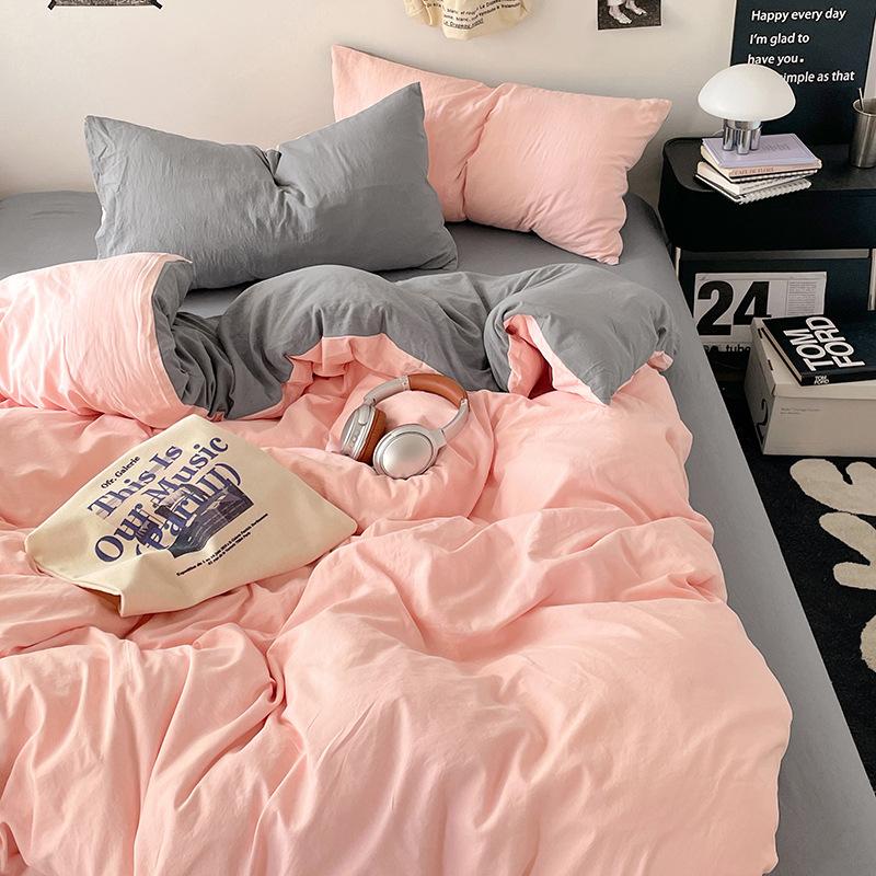 Solid Color Pure Cotton 4-Pcs Set Class A Maternal Infant Grade Naked Sleeping Sheets Quilt Cover Washed Cotton Bedding 3-Pcs Set