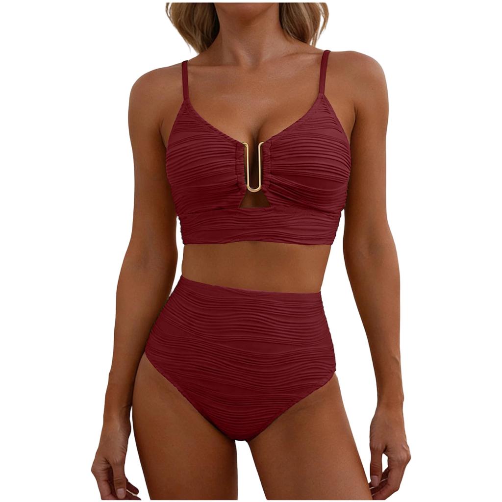 2 Piece Bikini Set Women’s U-Wire Cutout Popular Swimsuit High Waisted Textured 2026 Summer Beach Swim Female Bathing Suits