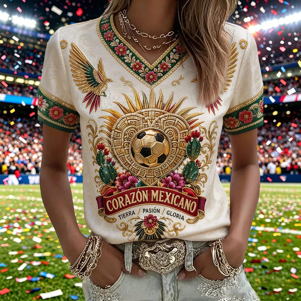 Women's Fashion Print V-Neck Long Sleeve Pullover Top Casual Tee