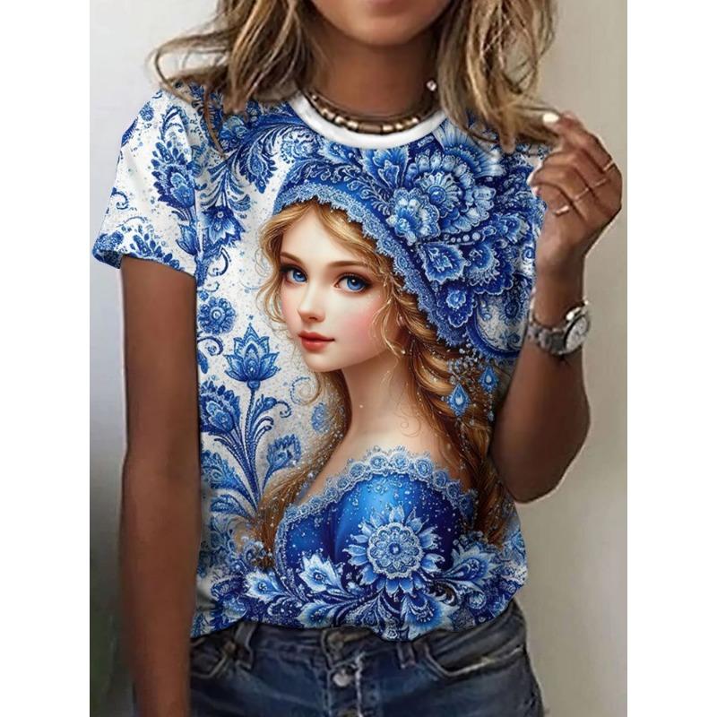 Russian Girl T-Shirts Floral 3D Print Summer Women Casual Round Neck Short Sleeve T Shirt Tees Harajuku Y2K Tops Female Clothing