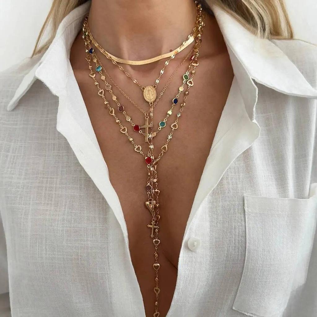 SHIXIN 5 Stück/Set Mode Y-förmige Bunte Kristall Schlüsselbein Kette Damen Boho Exquisit Gold Farbe Kreuz Anhänger Halskette Schmuck