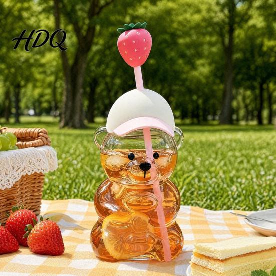 Transparent Drink Cup Cute Bear Glass with Straw & Lid 500/591ml Plastic/Glass Water Bottle for Juice With Cold/Hot Drinks Pattern Coffee