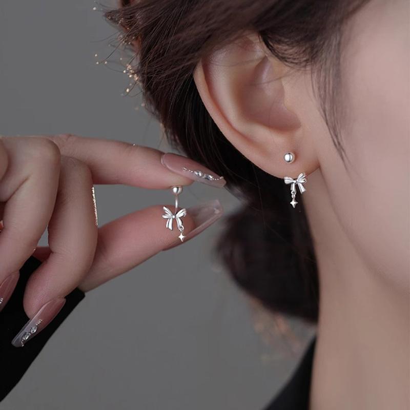 Silver Bowknot Bead Screw Stud Earrings For Women Party Classic Fine Jewelry Light Luxury Accessories