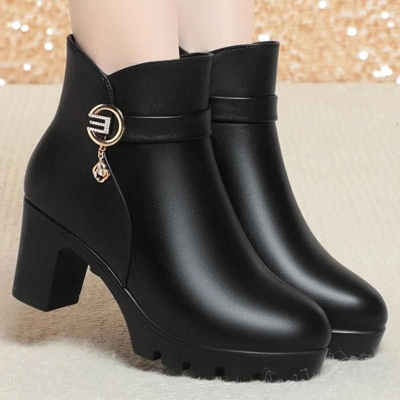 Autumn Winter Women Boots Casual Platform High Heels Ankle Boots Female Thick Plush Zipper Warm Snow Boots Fashion Cotton Shoes