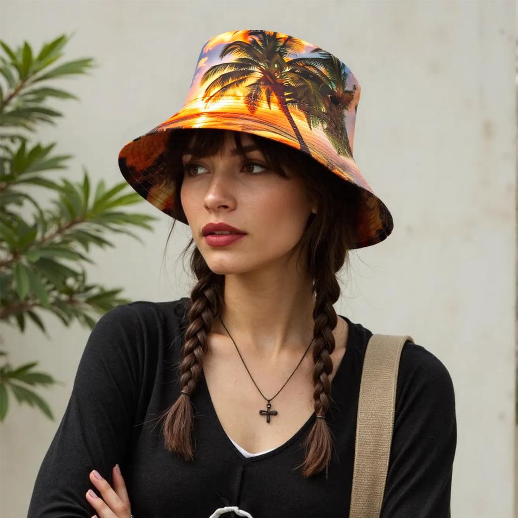 Stylish Tropical Scenery Pattern Bucket Hat Fisherman Hat for Men Women Sun Protections Breathable Floppy Hat for Travel